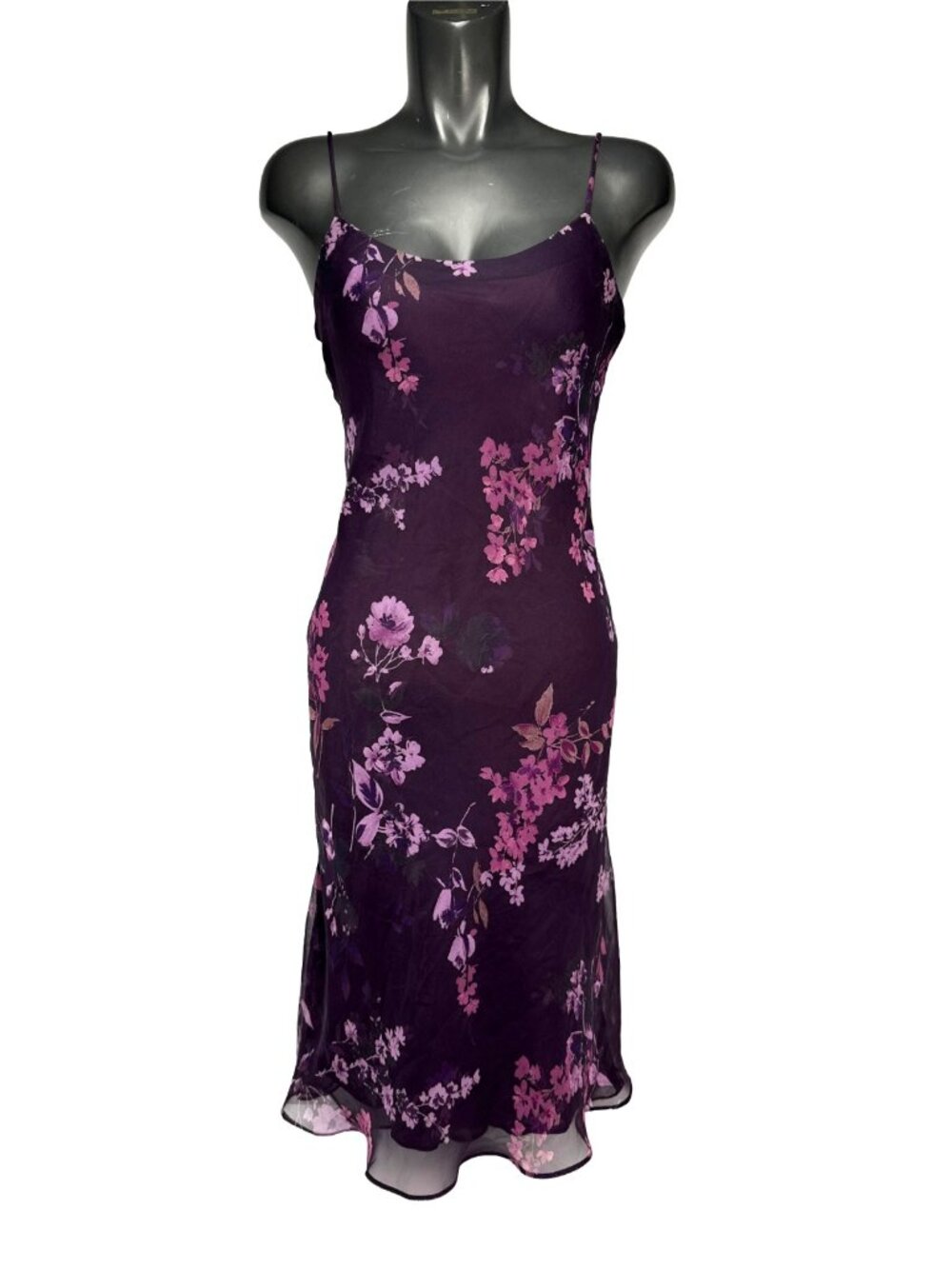 Vintage 90's Cottagecore Floral Bias Cut Overlay Purple Pink Midi Slip Dress S/M